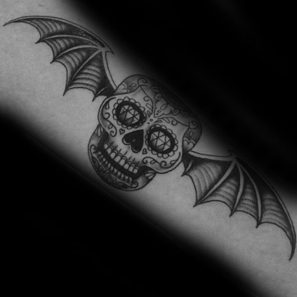 Mens Day Of The Dead Themed Deathbat Forearm Tattoo