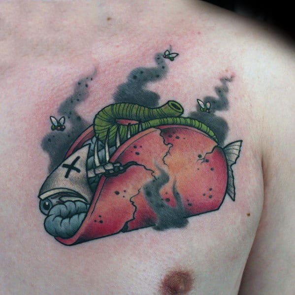 Mens Dead Fish Taco Food Tattoo On Upper Chest