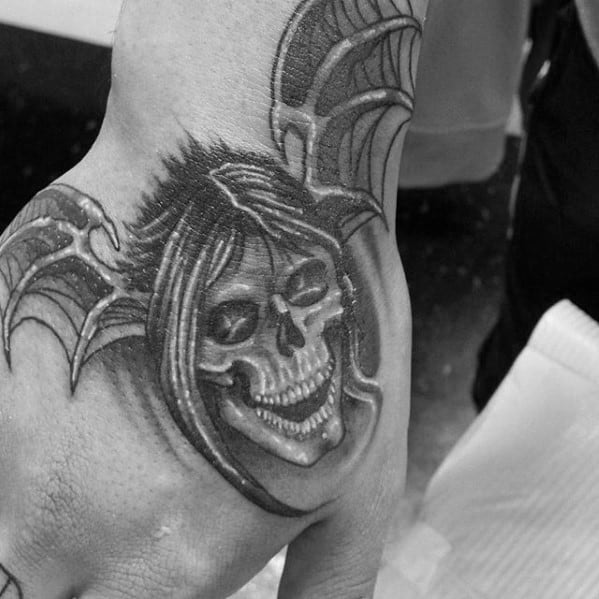 Mens Deathbat Skull With Wings Hand Tattoo