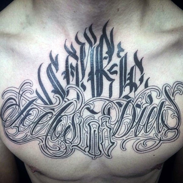 Mens Decorative Script Tattoo On Upper Chest