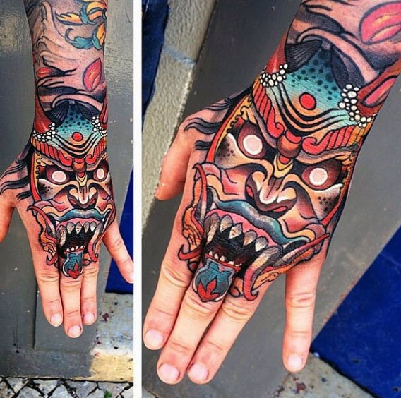 Mens Demon Mask Modern Hands Tattoo