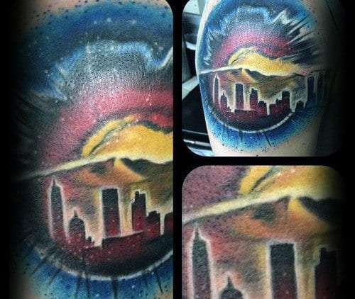 Vibrant Denver skyline tattoo with colorful cosmic sky, sunset over mountains, and dynamic light bursts in a surreal style.