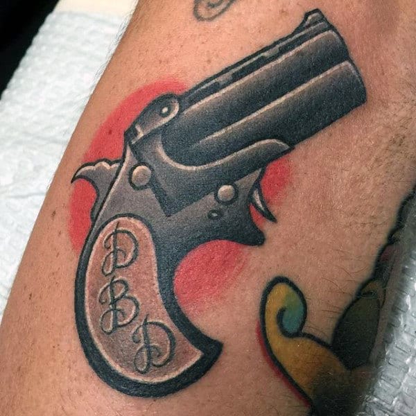 Mens Derringer Pistol Tattoo On Forearms