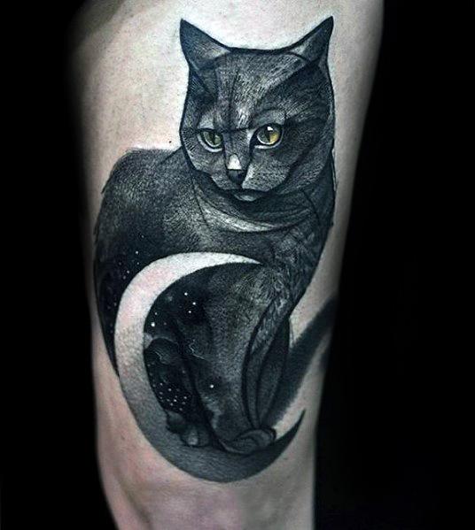 Dark surreal black cat tattoo with a crescent moon and starry details, creating a mystical and elegant design.