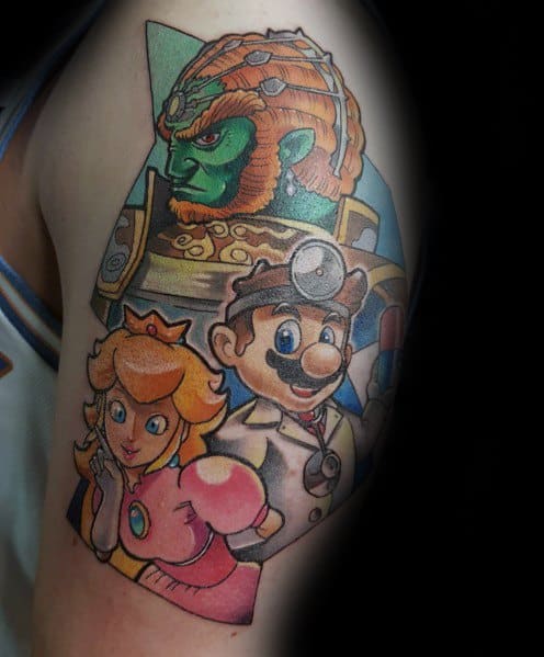 Unique *Nintendo* crossover tattoo featuring *Dr. Mario*, *Princess Peach*, and *Ganondorf*, blending bold colors and classic gaming characters.