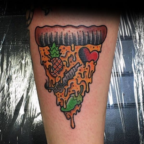 Cartoon-style pizza slice tattoo with dripping cheese, featuring unique toppings like a pineapple, heart, chili pepper, and a knife for a bold design.