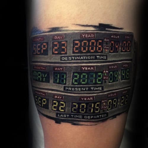 Mens Destination Time Clock Back To The Future Arm Tattoos