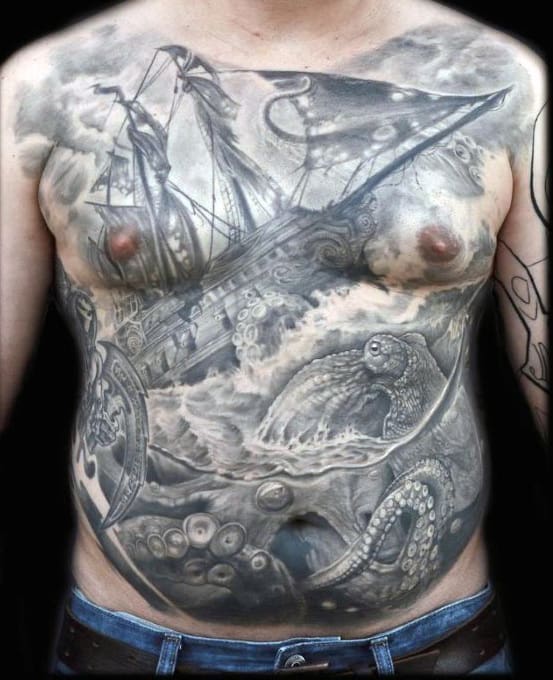 Mens Detailed 3d Sailing Ship With Octopus Full Chest Tattoo Ideas