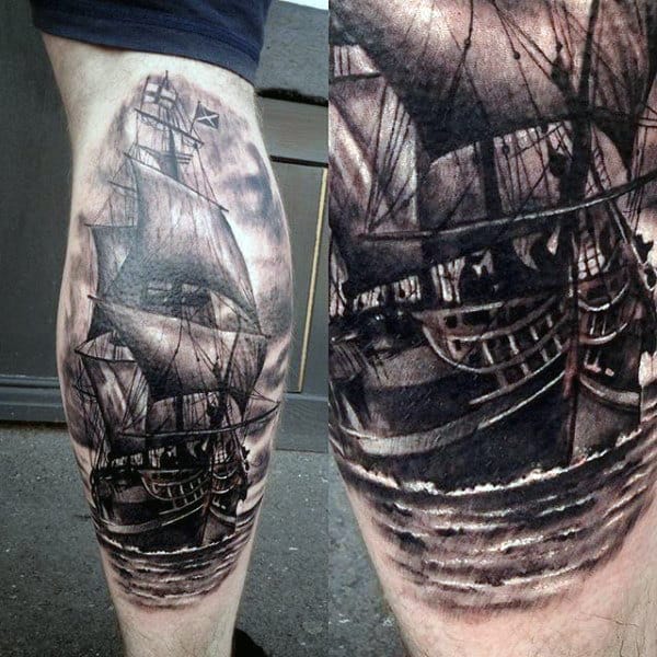 Mens Detailed Sailing Ship Back Of Leg Calf Tattoo Designs