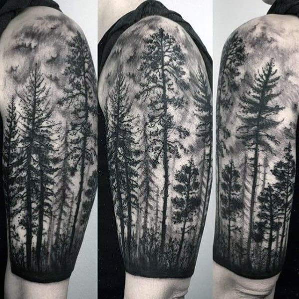 Mens Different Shaded Black And Grey Ink Forest Half Sleeve Tattoo