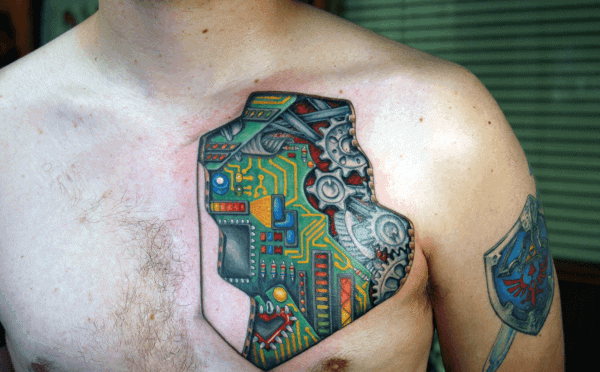 Mens Digital Circuit Board Upper Chest Tattoo With Gears