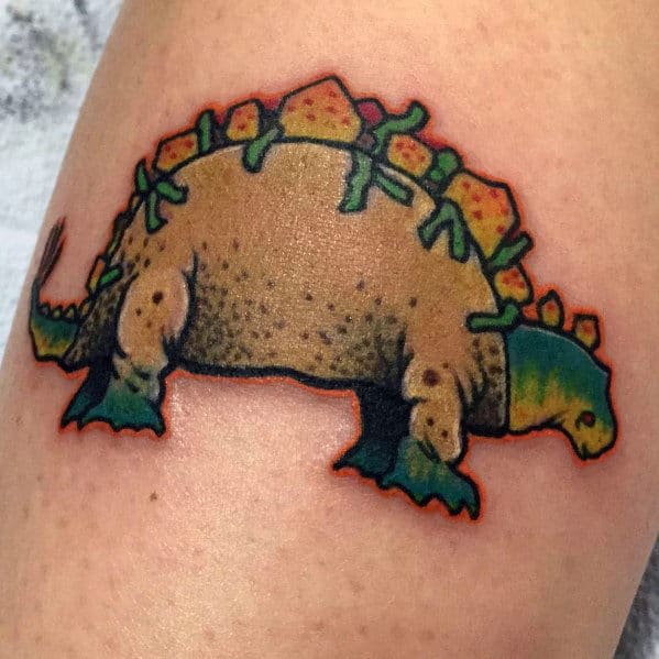 Mens Dinosaur Taco Themed Small Forearm Tattoo
