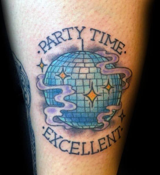 Colorful disco ball tattoo with 'Party Time Excellent' text, glowing sparkles, and swirling smoke, capturing a fun retro party vibe.