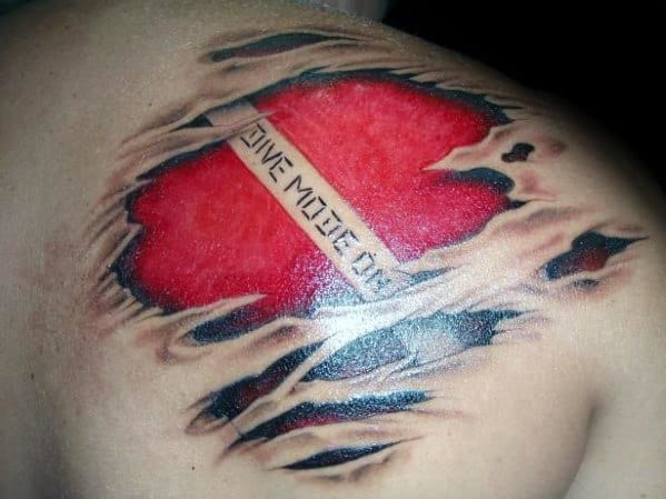 Realistic 3D dive flag tattoo on the shoulder, designed to look like torn skin revealing a bold red and white diver-down flag underneath.