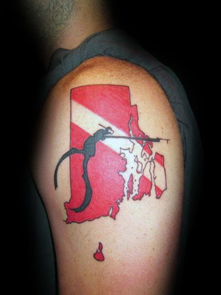 Tattoo of Rhode Island's outline filled with a red and white dive flag, featuring a spearfisher silhouette, symbolizing ocean adventure and diving.
