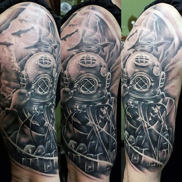 Mens Diver Half Sleeve Shaded Black And Grey Tattoo