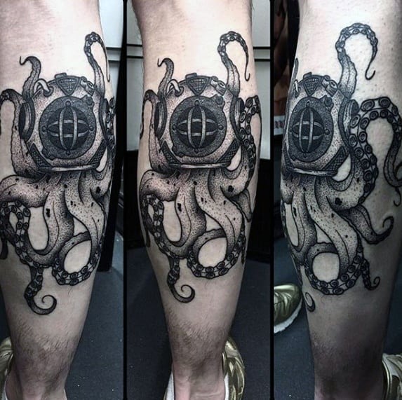 Mens Diving Helmet Tattoo Design Ideas On Back Of Leg