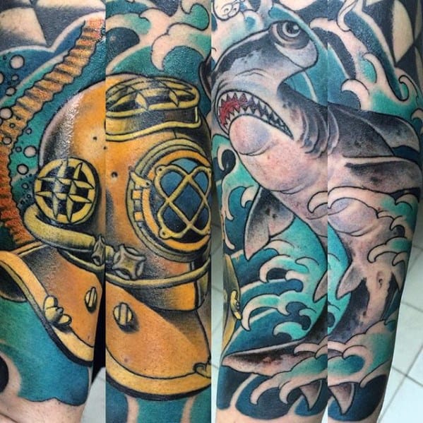 Mens Diving Helmet Tattoo Ideas Forearm Japanese Sleeve