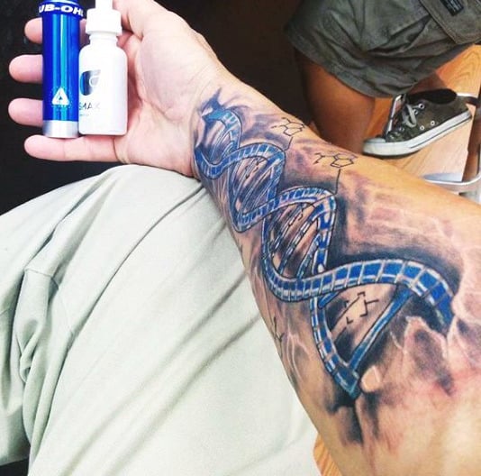 Mens Dna Forearm Science Tattoo In Blue Ink