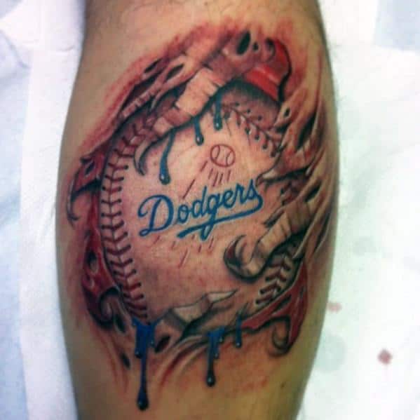 Mens Dodgers Tattoo Ideas Leg Calf With Ripped Skin Design