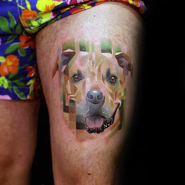 Mens Dog Head Pixel Tattoo On Thigh With Watercolor Design