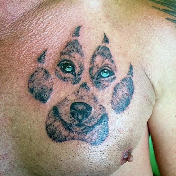 Mens Dog Paw Upper Chest With Portrait Tattoo