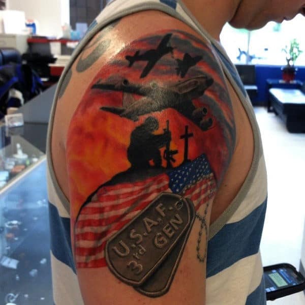 Mens Dog Tag Tattoo On Upper Arm