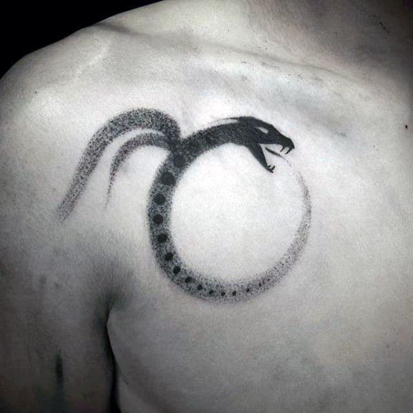 Mens Dotwork Faded Ouroboros Chest Tattoo
