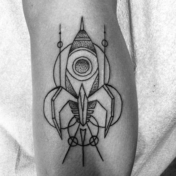 Mens Dotwork Geometric Small Rocket Ship Leg Tattoo