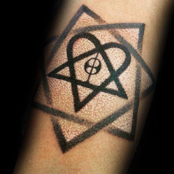 Mens Dotwork Heartagram Tattoo On Inner Forearm With White And Black Ink