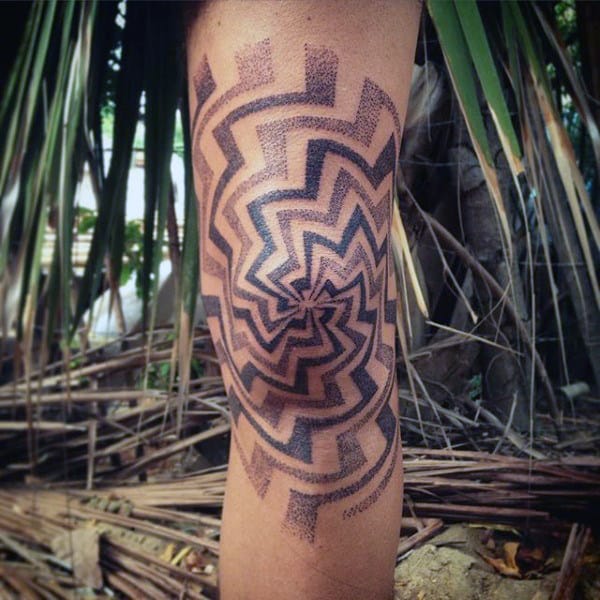 Mens Dotwork Knee Spiral Geometric Pattern Tattoo