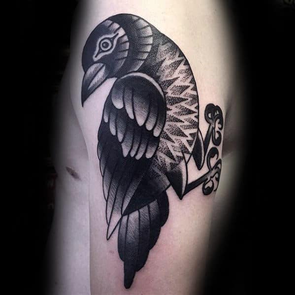 Mens Dotwork Modern And Old School Traditional Crow Arm Tattoo