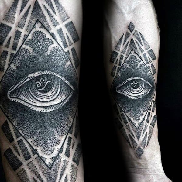 Mens Dotwork Negative Space Geometric Eye Of Providence Forearm Tattoo