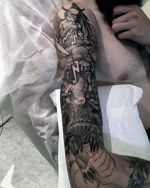 Mens Dotwork Nice Demonic Themed Full Sleeve Tattoos