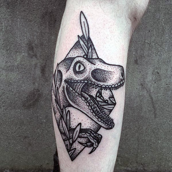 Mens Dotwork Velociraptor Leg Tattoo Design