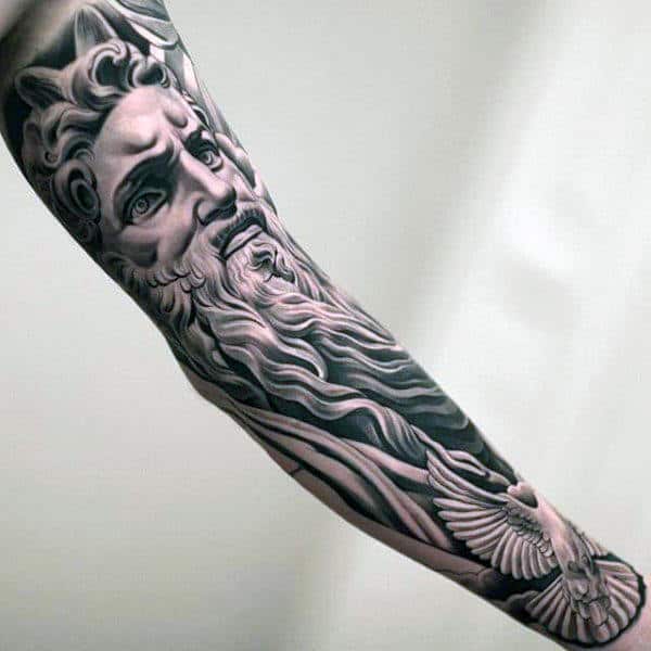 Black and white sleeve tattoo with Zeus and a dove with spread wings
