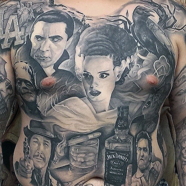 Mens Dracula Themed Full Chest Chicano Tattoo Deisgns