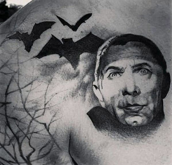 Mens Dracula With Black Bats Upper Chest Tattoos