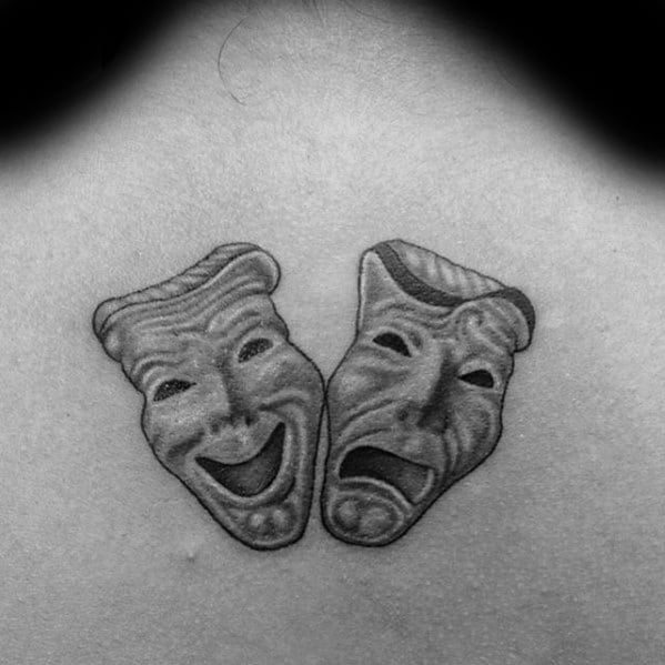 Mens Drama Mask Tattoo Design Ideas 3d Upper Back