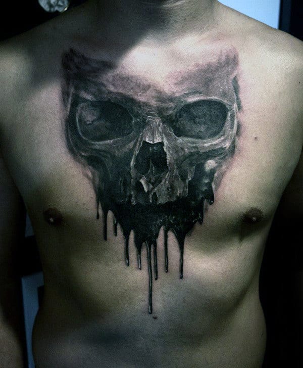 Mens Dripping Skull Watercolor Chest Tattoo Ideas