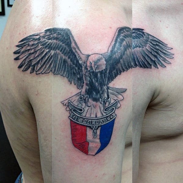Mens Eagle With Badge Eagle Scout Upper Arm Tattoo