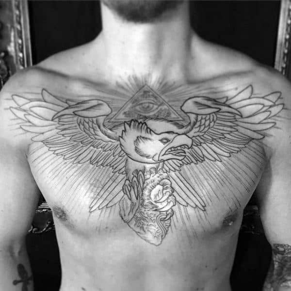 Mens Eagle With Heart And All Seeing Eye Upper Chest Tattoo