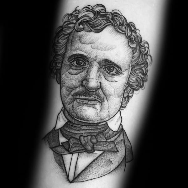 Dotwork tattoo of Edgar Allan Poe with fine detailing, textured shading, and curly hair, giving a soft and expressive vintage look.