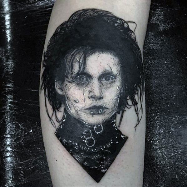 Mens Edward Scissorhands Portrait Leg Tattoo Ideas