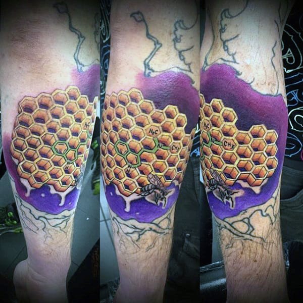 Mens Elbow Chemical Elements Honeycomb Tattoo With Purple Backdrop