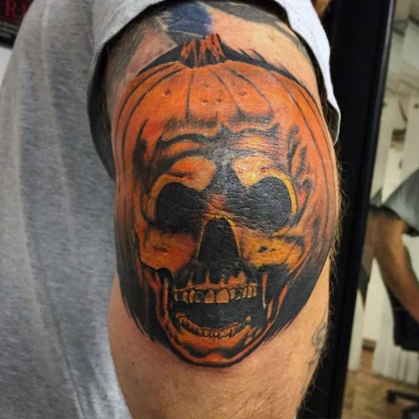 Mens Elbow Pumpkin Skull Tattoo