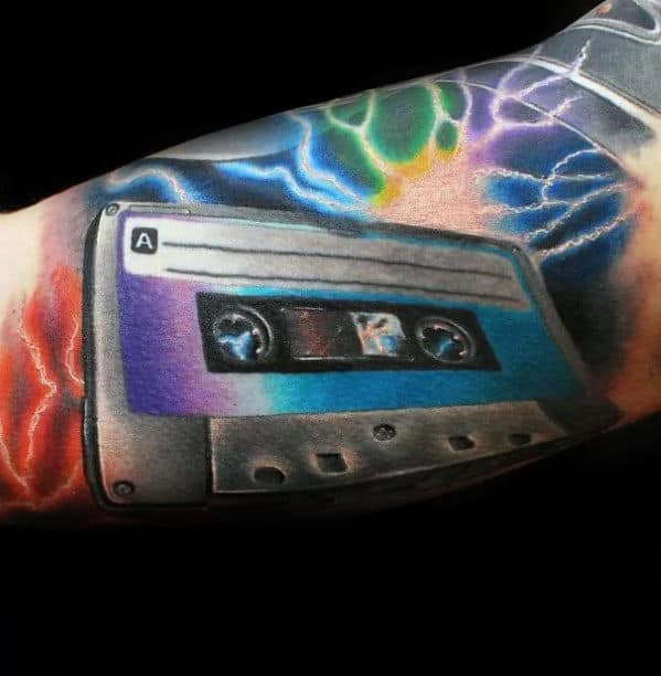 Mens Electric Cassette Tape Colorful Inner Arm Bicep Tattoos