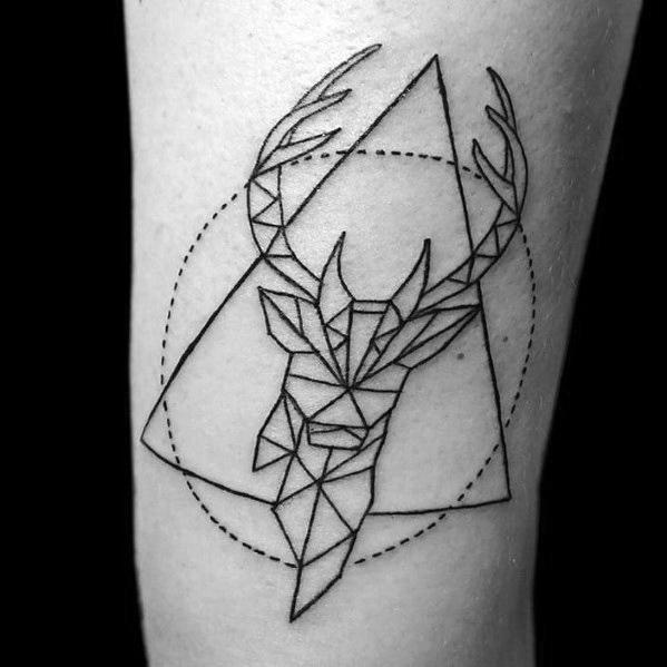 Minimalist geometric elk tattoo with fine black linework, featuring a triangular and circular frame for a modern and abstract design.