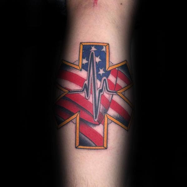 Mens Ems Star Of Life American Flag Old School Leg Calf Tattoos