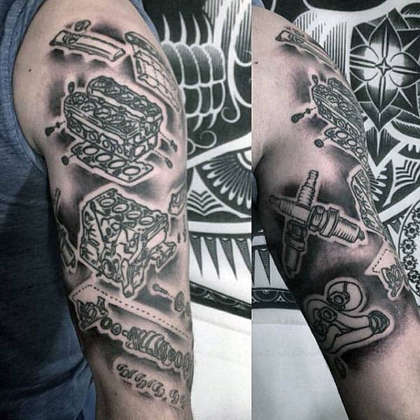Mens Engine Block Spark Plug Half Sleeve Tattoo